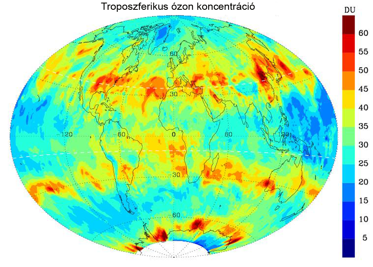 A troposzférikus ózon földrajzi széelsség szerinti eloszlása. (Forrás: Harvard-Smithsonian Center for Astrophysics).