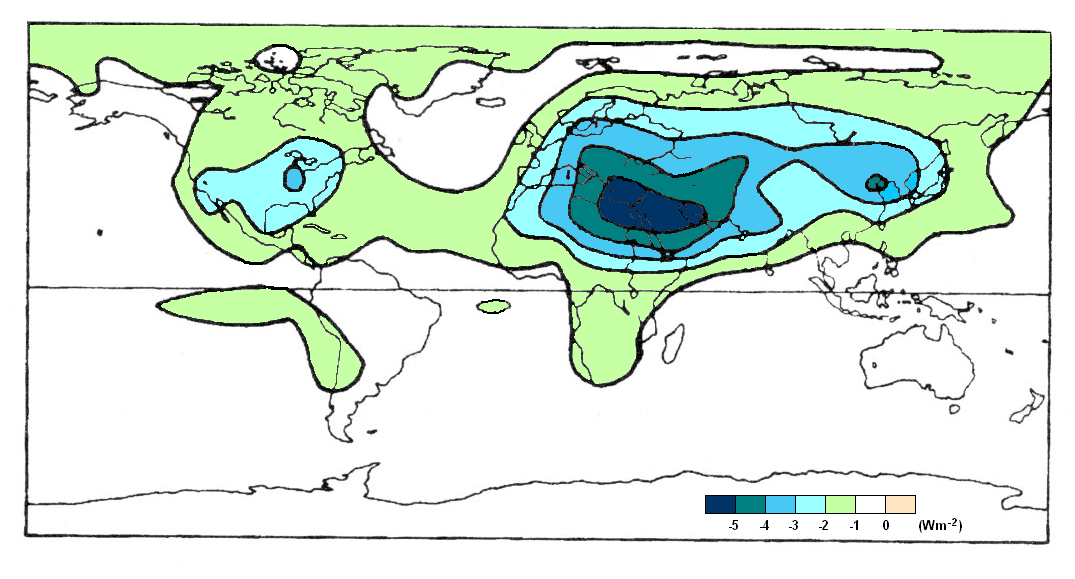 A szulfátrészecskék éghajlati kényszere. Az ábra „a” része az összes szulfátra, a „b” rész a csupán antropogén eredetűre vonatkozik (Charlson, 1991).