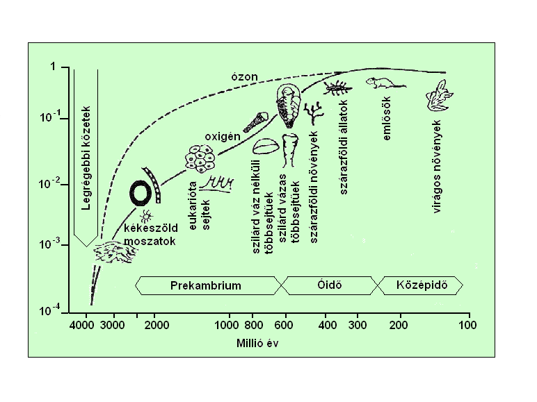 A bioszféra és a légkör fejlődése.Graedel, T.E. és Crutzen, P.J., 1993: Atmospheric Changes. An Earth System Perspective (W.H. Freeman and Co., New York) nyomán.