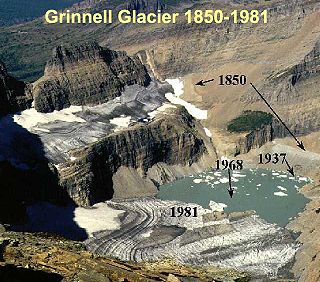 A Grinnell-gleccser 1850 óta 1,1 km-t húzódott vissza. http://en.wikipedia.org/wiki/Image:Grinnell_Glacier2.jpg