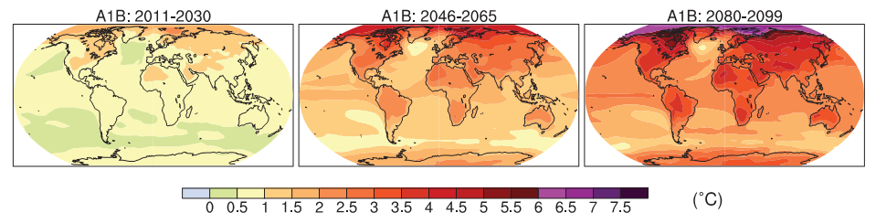 Várható átlagos felszíni hőmérsékletváltozás az A1B szcenárió alapján. (A változás mértékét az 1980-1999 időszakra viszonyították) (IPCC 2007d).