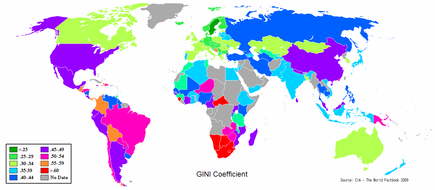 1.3. ábra. Gini koeffiens 2009-ben. Forrás http://en.wikipedia.org/wiki/File:Gini_Coefficient_World_CIA_Report_2009.png (CIA oldalán friss adat listázva: https://www.cia.gov/library/publications/the-world-factbook/fields/2172.html)