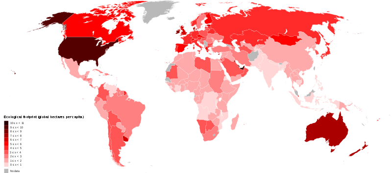 1.9. ábra. Ökológiai lábnyom országonként 2007. Az egymilliónál nagyobb lakos számú országok szerepelnek csak a listában.