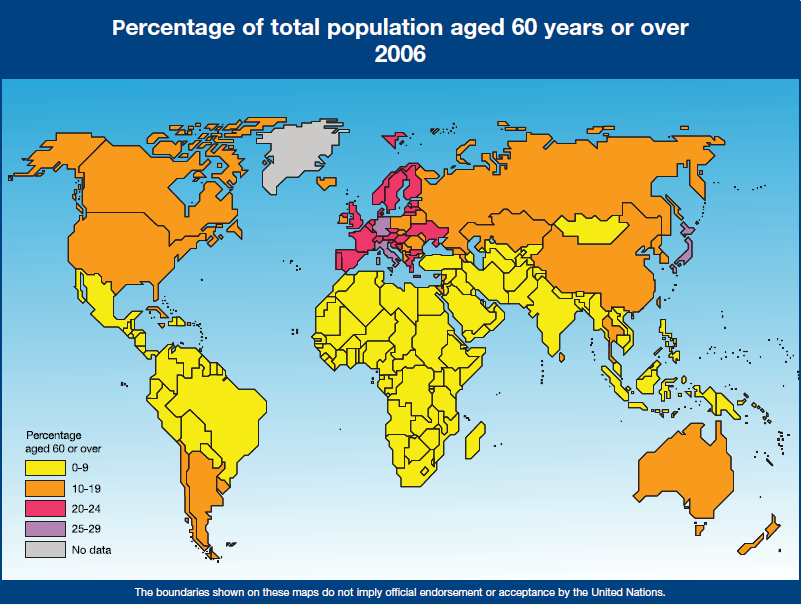 6. ábra: A 60 év felettiek százalékos aránya az egyes országok teljes népességszámához képest 2006-ban [15]