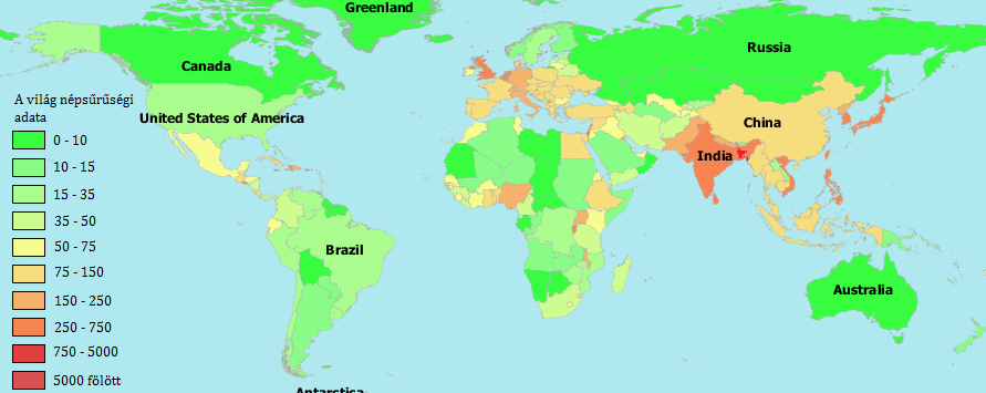 9. ábra: A világ népsűrűségi adatai (fő/km2) 2010. júliusi adatok alapján [17]