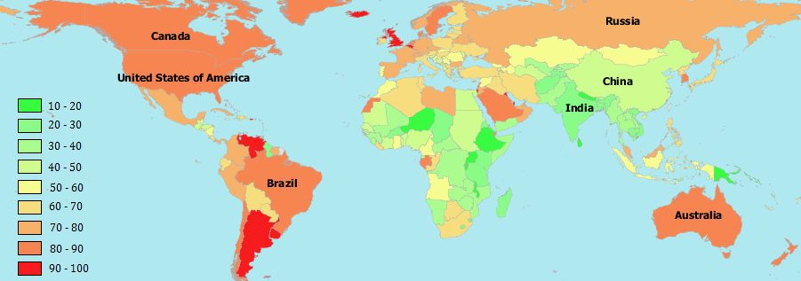 11. ábra: A városi lakosság aránya (%) országonként 2010. júliusi adatok alapján [17]