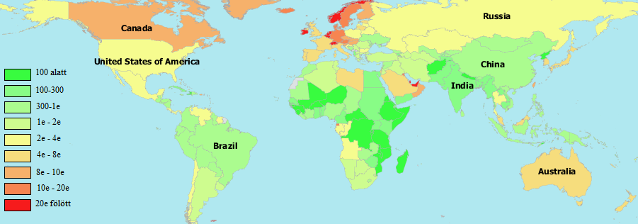 19. ábra: Az egyes országok egy főre jutó exportból származó bevétele (US-$) 2009. adatok alapján [28]