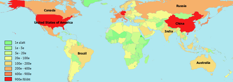 20. ábra: Az egyes országok importból származó éves kiadása (millió US-$) 2009. adatok alapján [29]