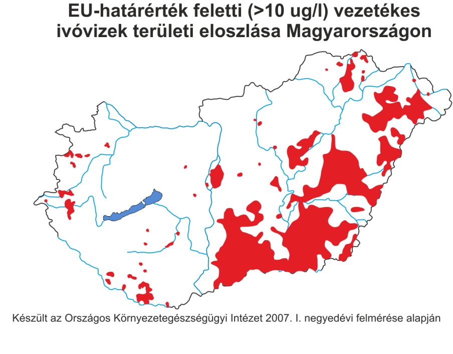 4.1. ábra EU határérték feletti vezetékes ivóvízzel ellátott területek eloszlása Magyarországon